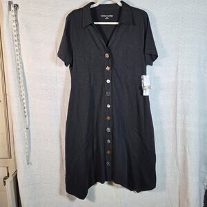 Soft Surroundings Danielle Button Dress Black Large Midi Short Sleeve NWT Boho